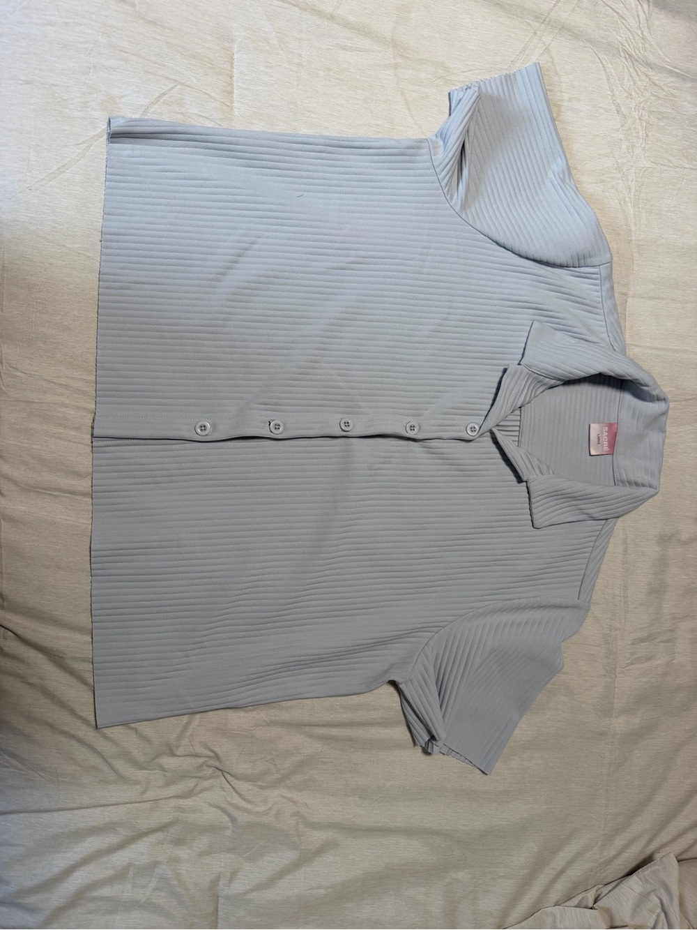 Sacré Shoe Palace Short Sleeve Pleated Button Up Polo Shirt Light Grey Size L